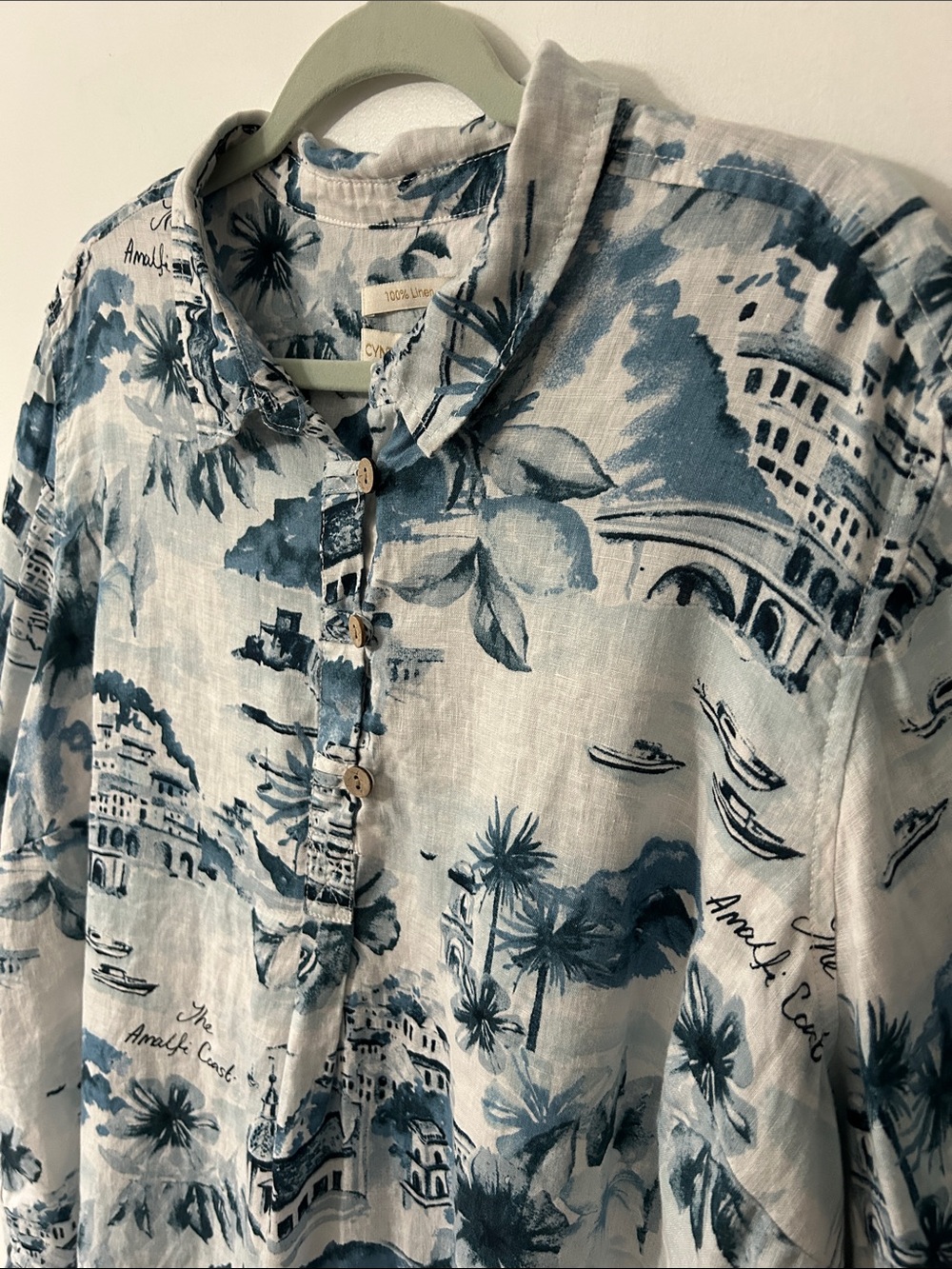 Cynthia Rowley Linen Blouse Women’s 3X Amalfi Coast Roll Sleeve Blue Popover - Picture 4 of 15